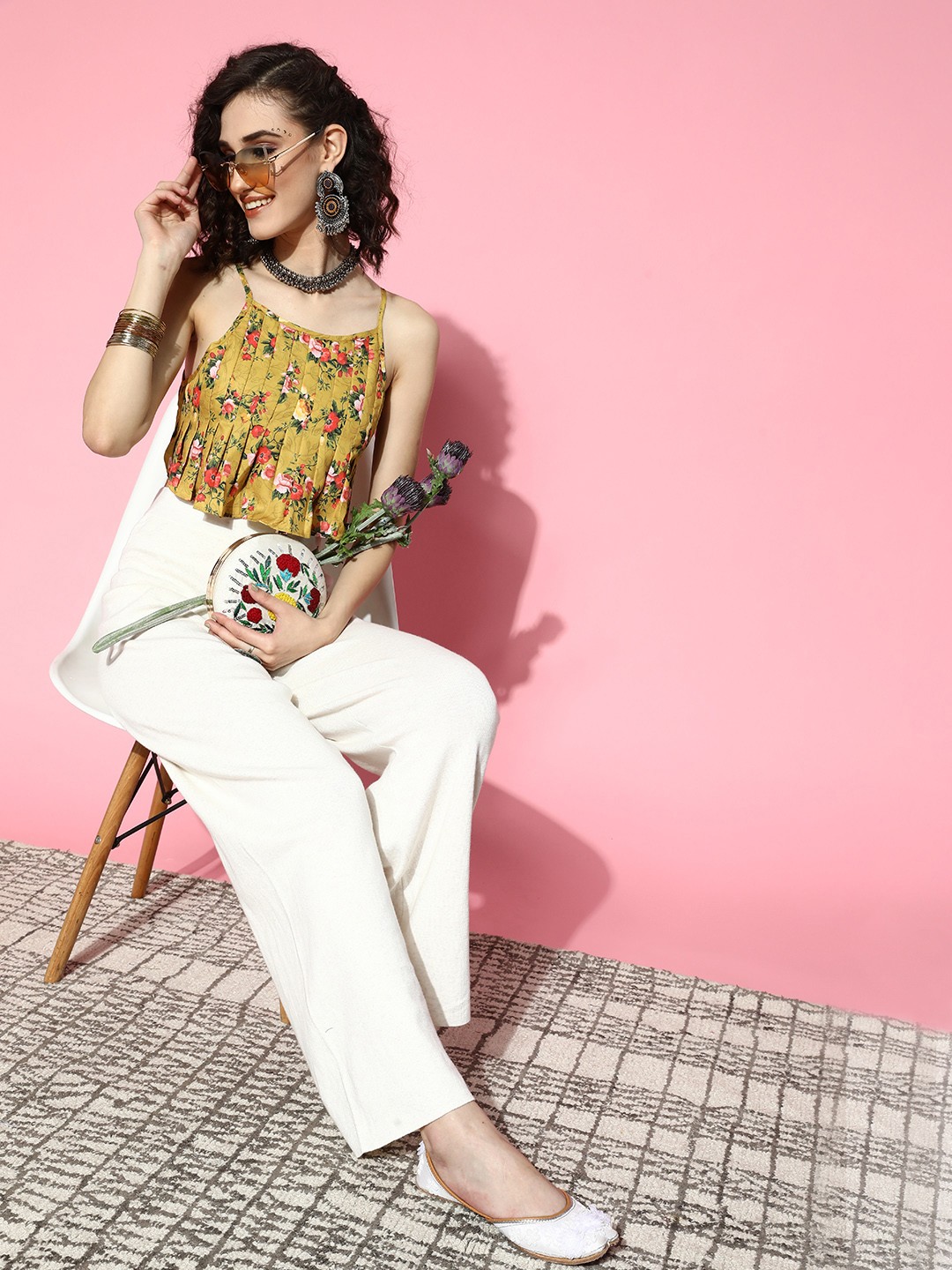 

Anouk Green & Pink Floral Print Crop Top