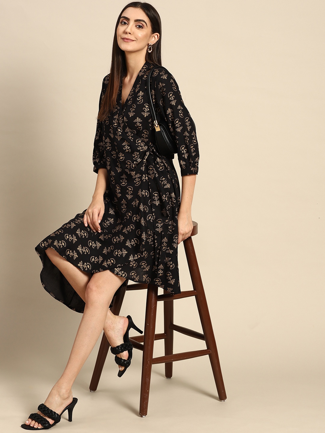 

Anouk Women Black & Golden Printed Ethnic Wrap Dress