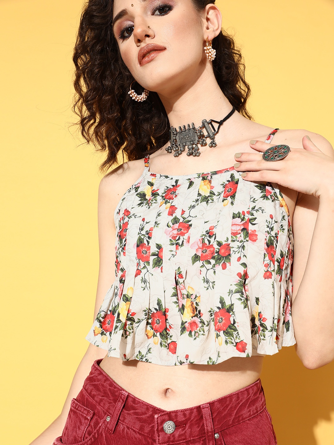 

Anouk Off White & Green Floral Print Crop Top