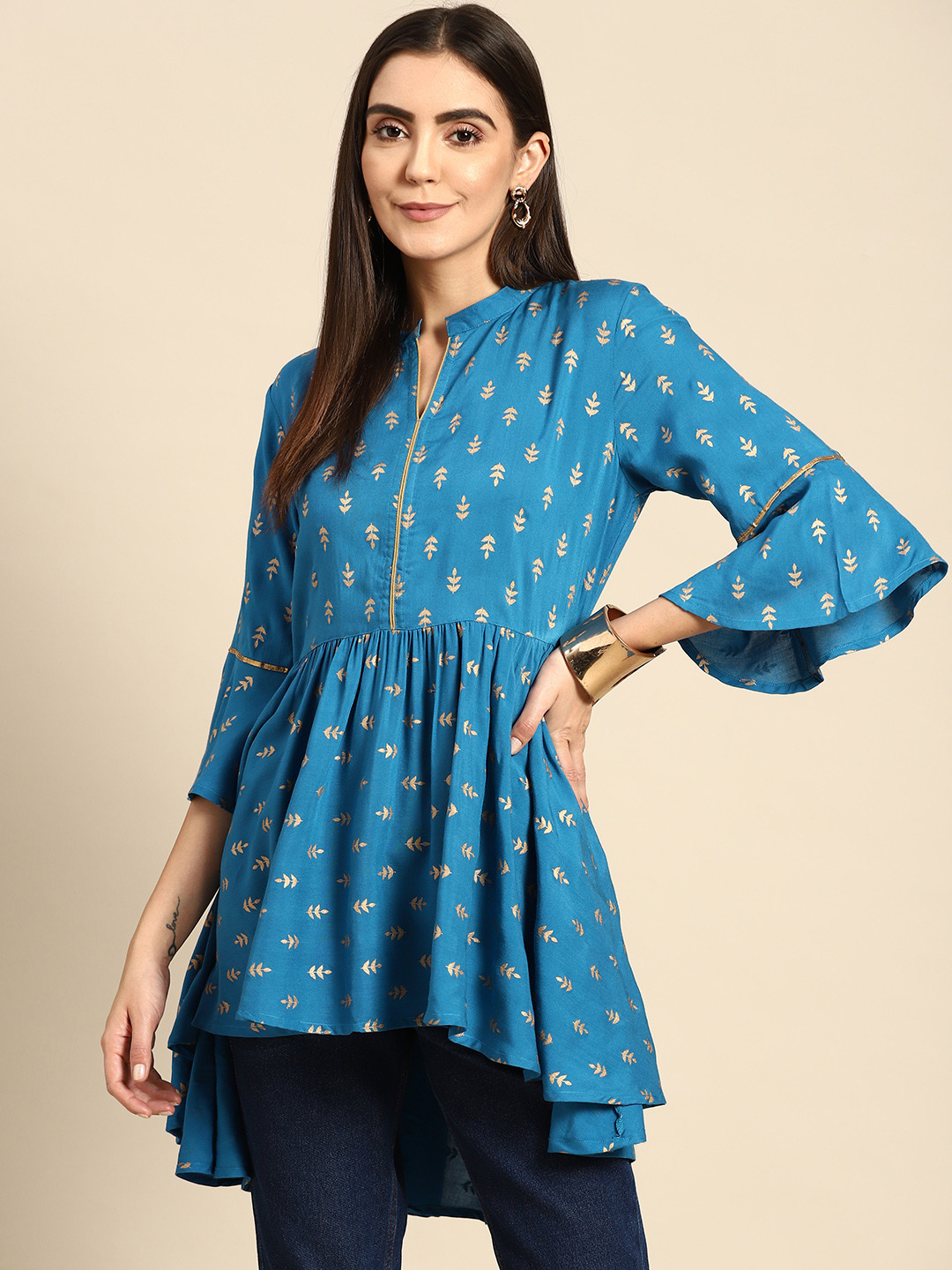 

Anouk Women Blue & Golden Printed High-Low A-Line Top