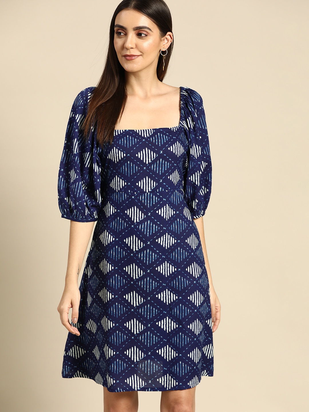 

Anouk Women Navy Blue & White Printed A-Line Dress with Stylized Back