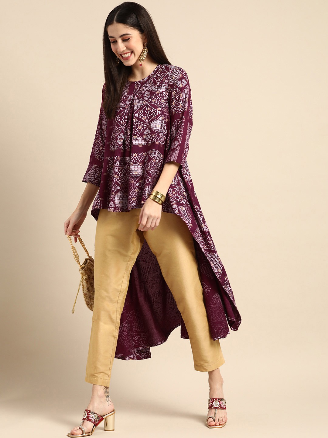 

Anouk Purple Ethnic Motifs Printed Pleated A-Line Kurti