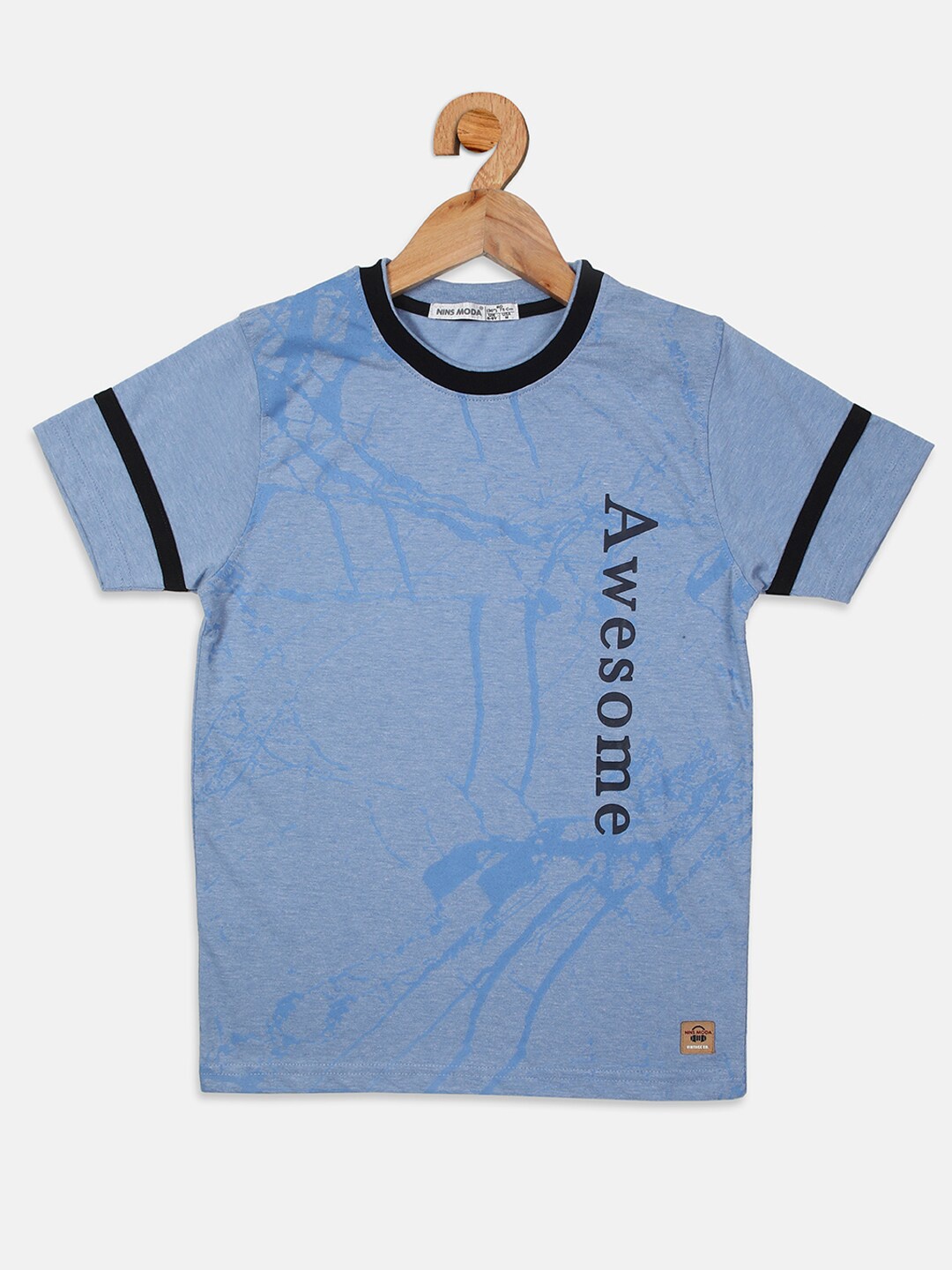 

Nins Moda Boys Blue & Black Printed Cotton Round Neck T-shirt
