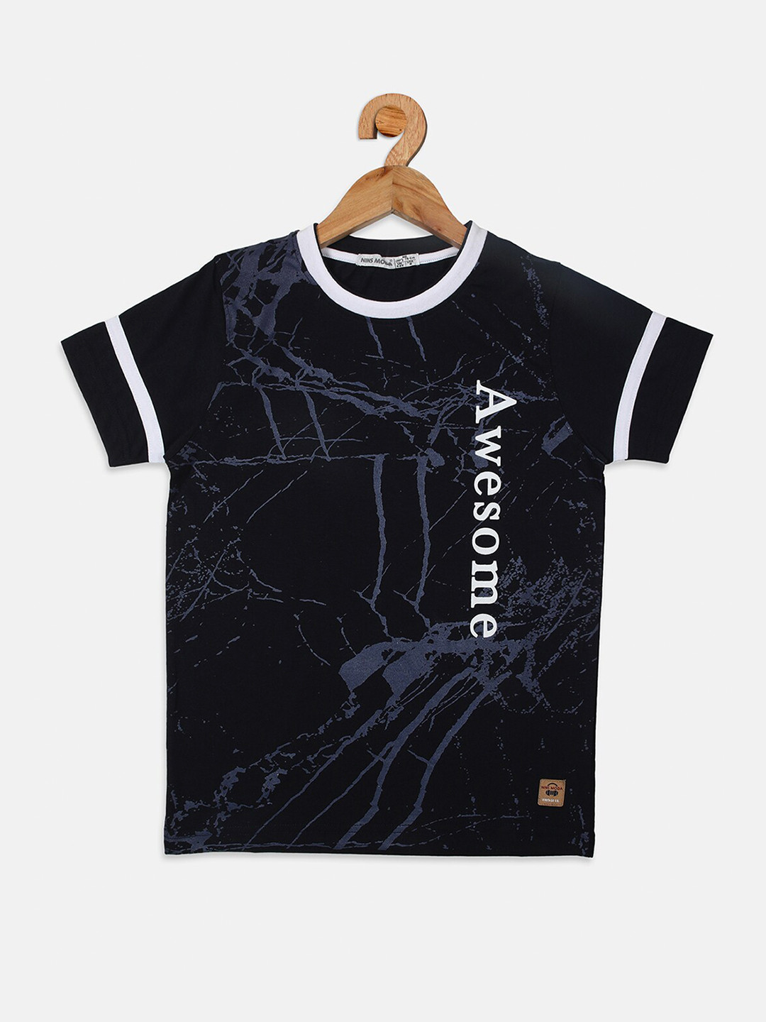 

Nins Moda Boys Navy Blue & Grey Printed Cotton Round Neck T-shirt