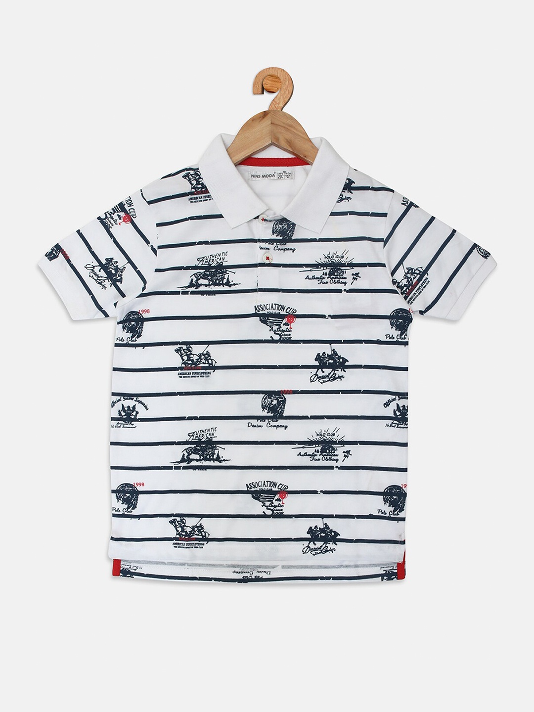 

Nins Moda Boys White & Black Striped Polo Collar Applique T-shirt