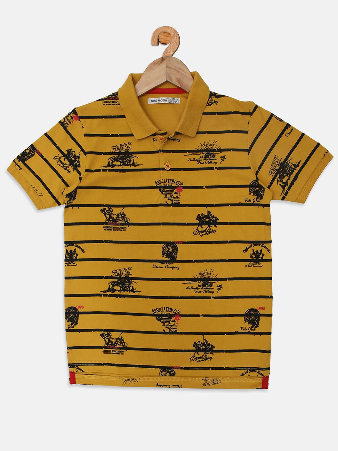 

Nins Moda Boys Mustard Yellow & Navy Blue Striped Polo Collar T-shirt