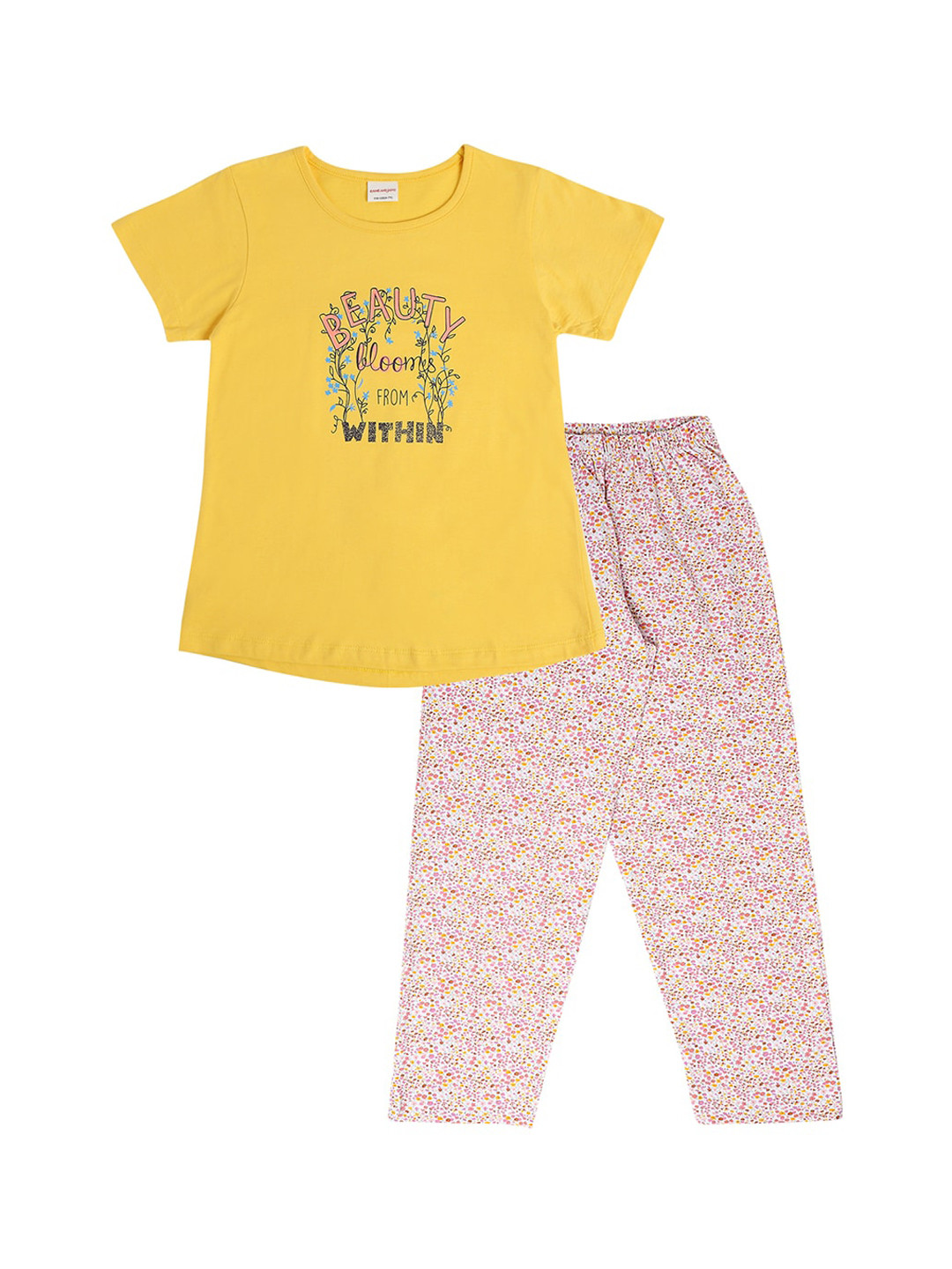 

RAINE AND JAINE Girls Yellow & Pink Printed Pure Cotton Night suit