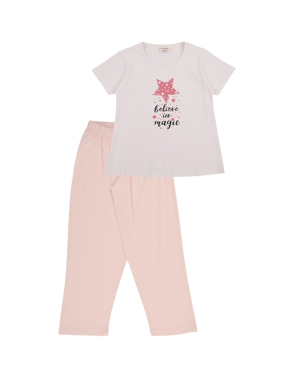 

RAINE AND JAINE Girls White & Pink Printed Cotton Night suit