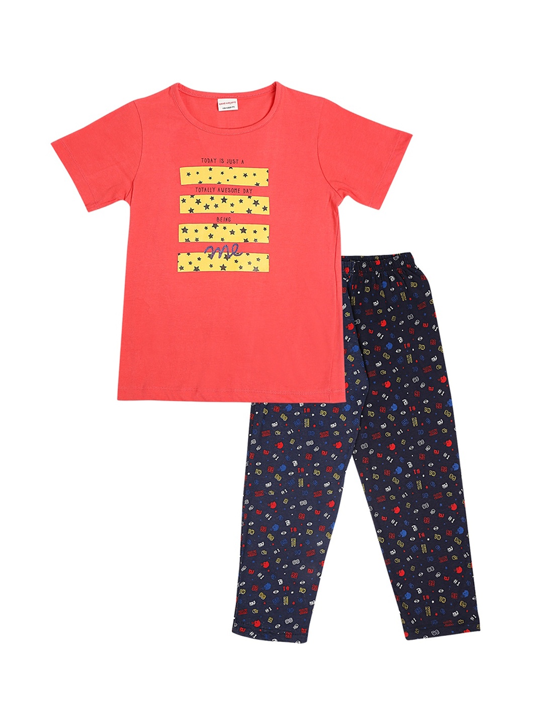 

RAINE AND JAINE Girls Orange & Navy Blue Printed Night suit