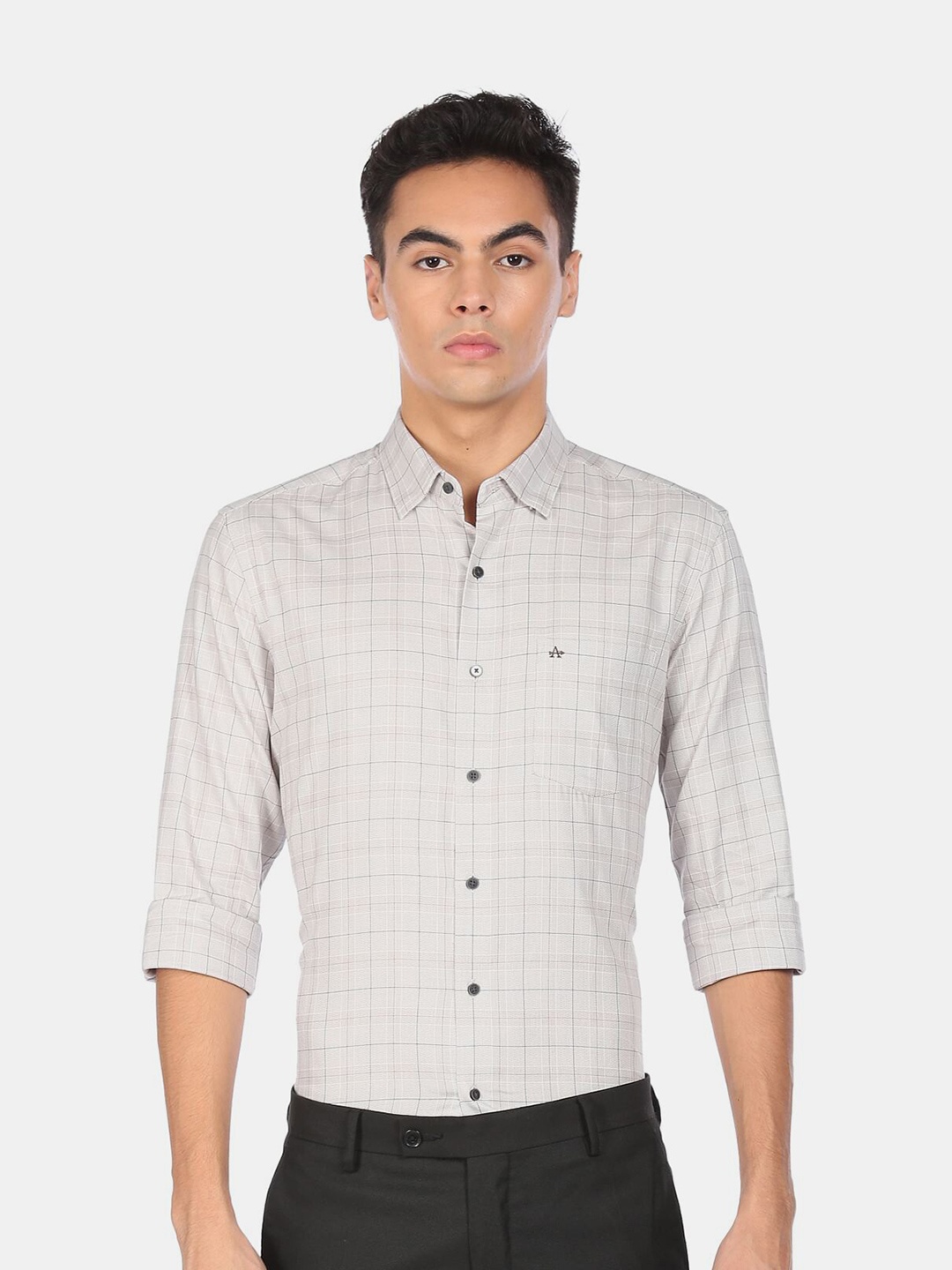 

Arrow Men Beige & Black Windowpane Checks Checked Pure Cotton Formal Shirt