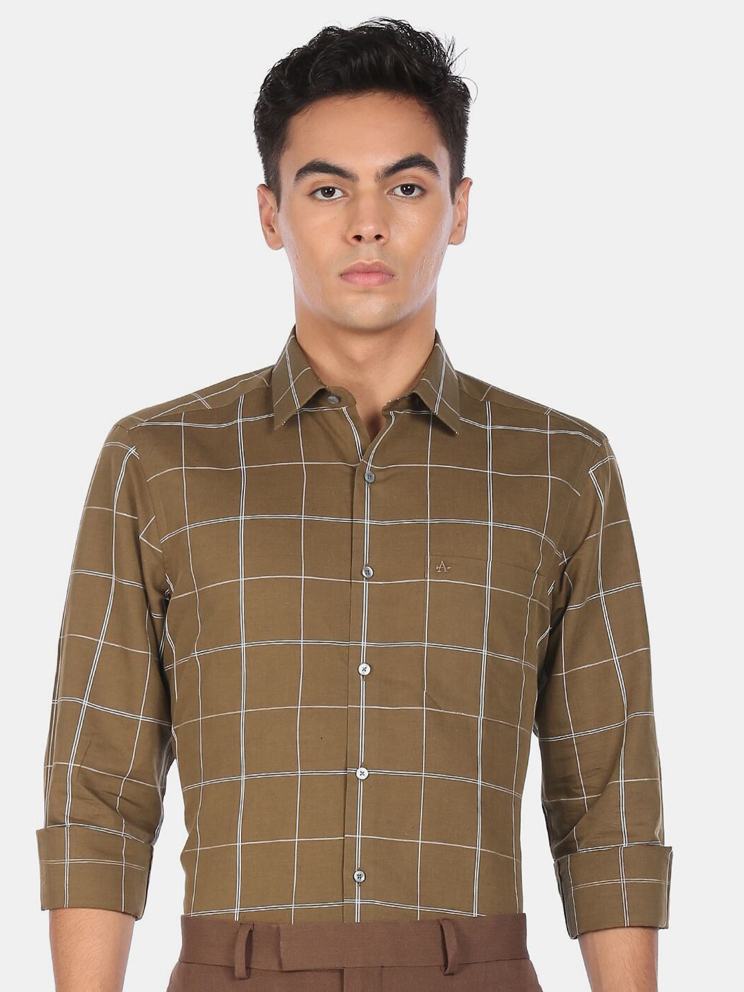 

Arrow Men Khaki Windowpane Checks Checked Casual Shirt