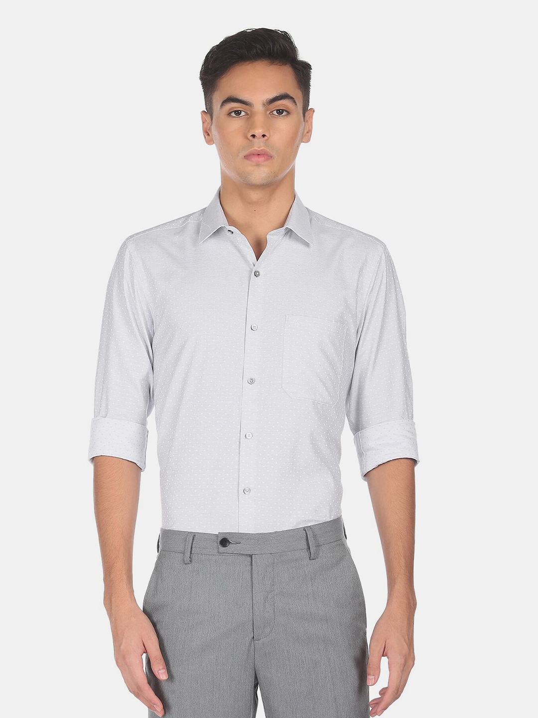 

Arrow Men White & Green Self Design Regular Fit Cotton Formal Shirt