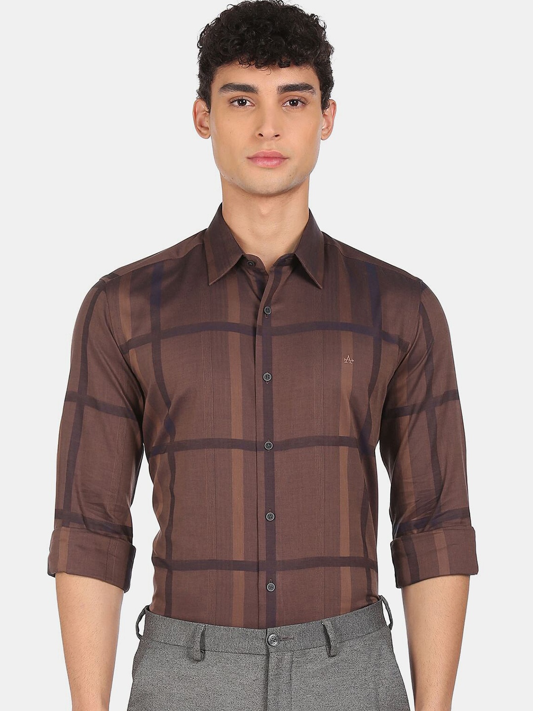 

Arrow Men Brown Windowpane Checks Checked Casual Pure Cotton Shirt
