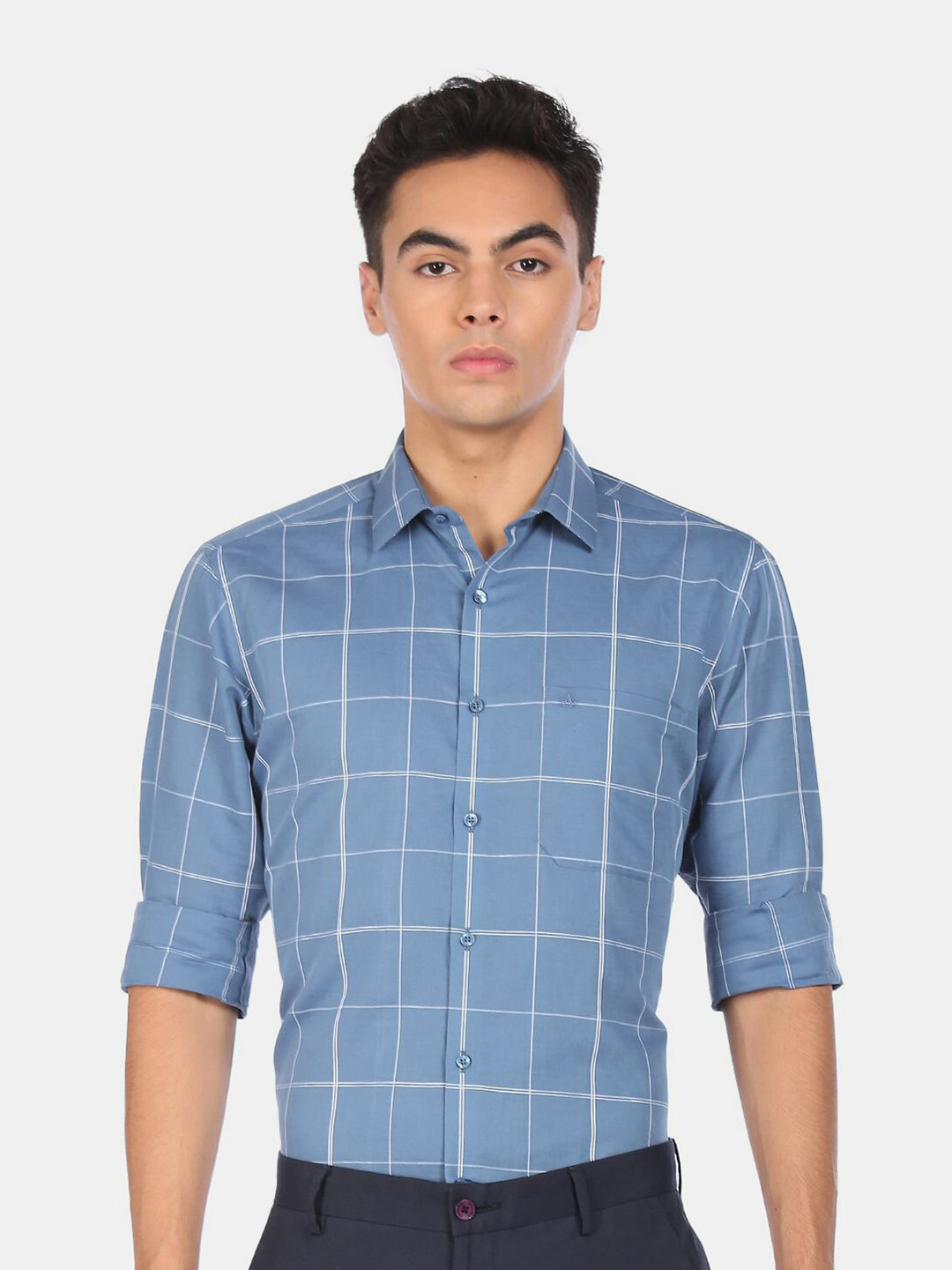 

Arrow Men Blue Windowpane Checks Cotton Formal Shirt