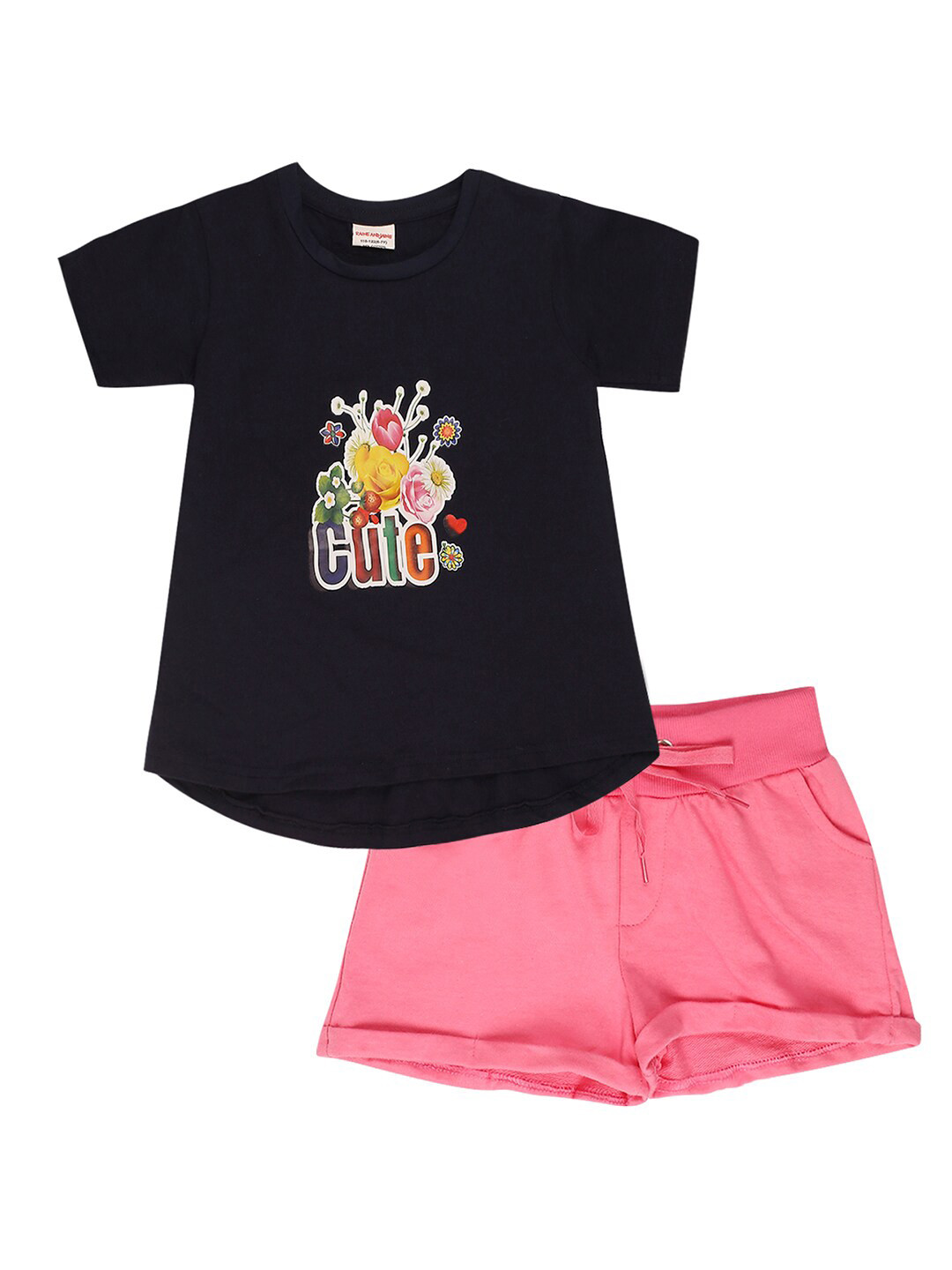

RAINE AND JAINE Girls Navy Blue & Pink Printed T-shirt with Shorts