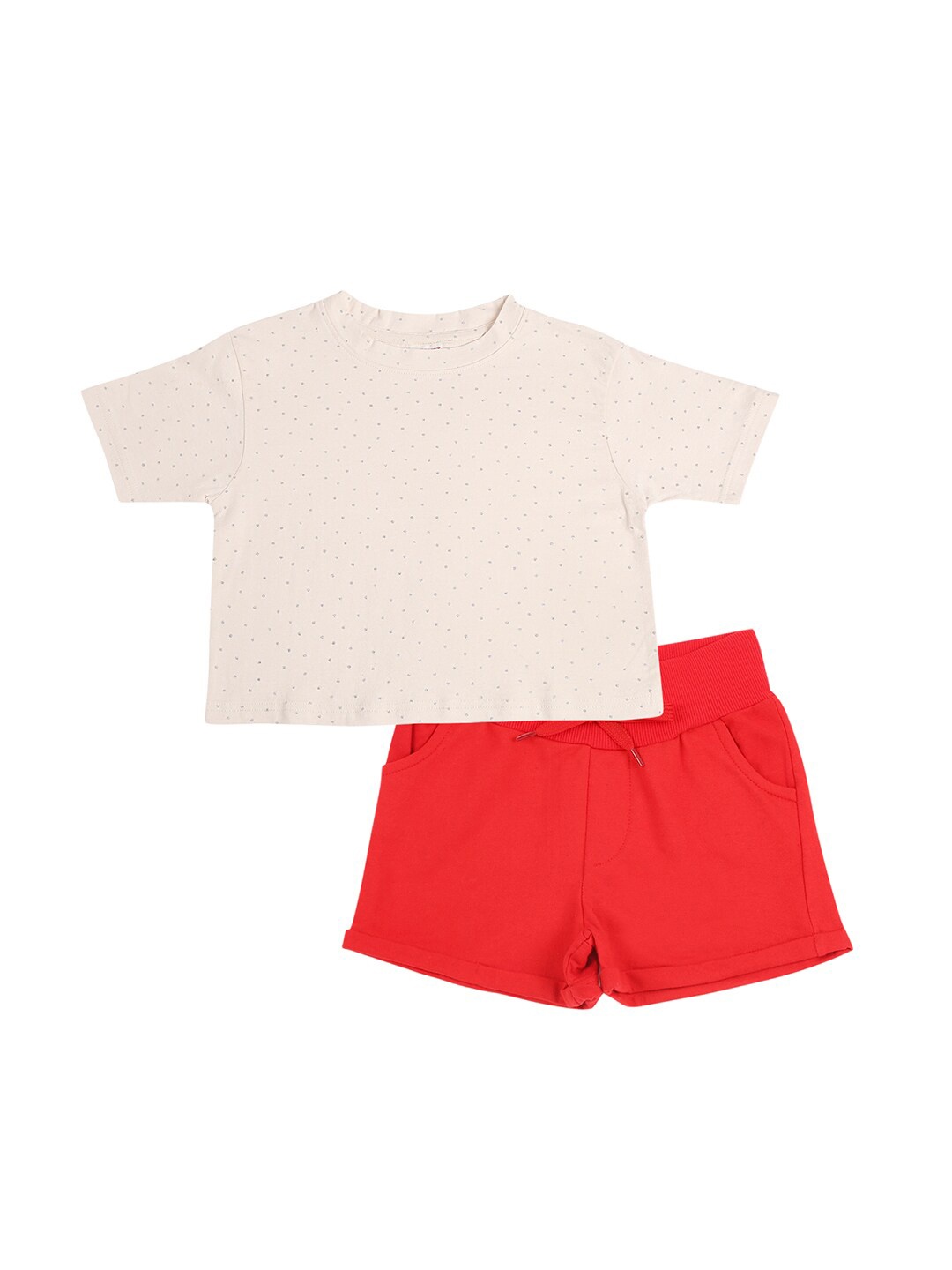 

RAINE AND JAINE Girls Off White & Red Printed Pure Cotton T-shirt with Shorts