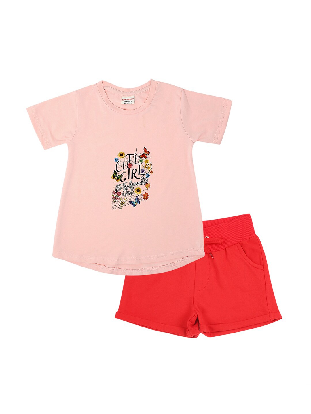 

RAINE AND JAINE Girls Pink & Red Printed Pure Cotton T-shirt with Shorts