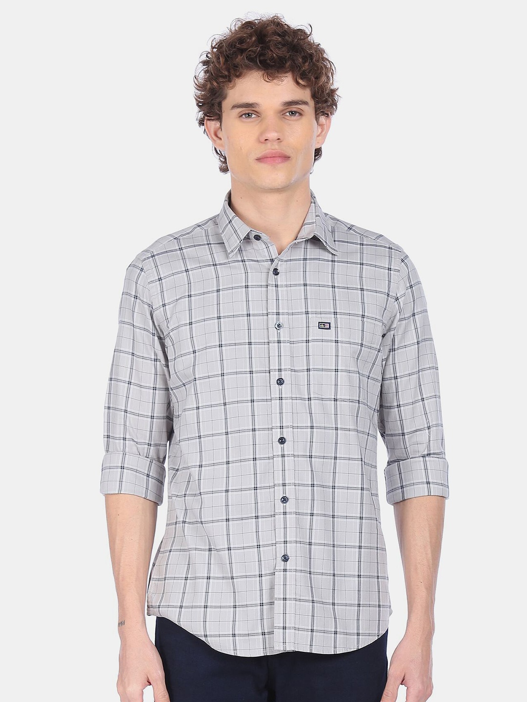

Arrow Sport Men Grey Windowpane Checks Checked Pure Cotton Casual Shirt