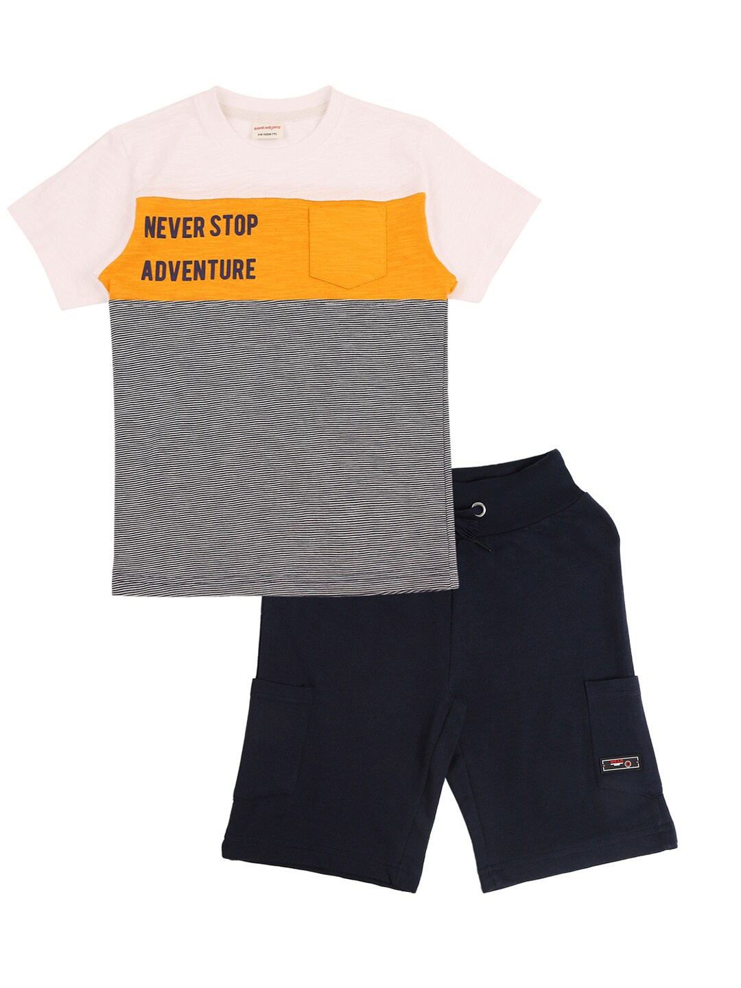 

RAINE AND JAINE Boys Off White & Navy Blue Colourblocked T-shirt with Shorts