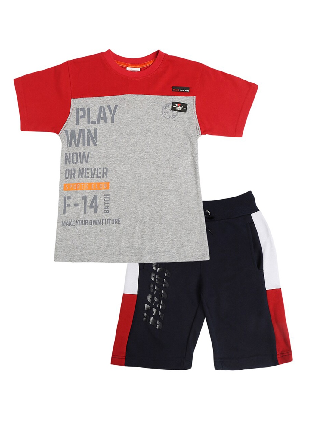 

RAINE AND JAINE Boys Grey Melange & Black Printed Pure Cotton T-shirt with Shorts