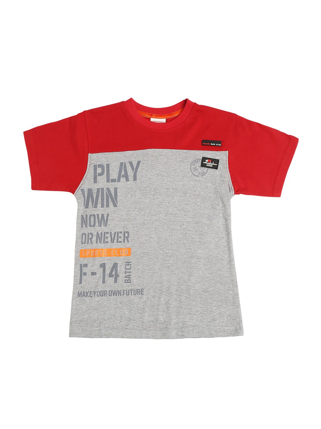 

RAINE AND JAINE Boys Red & Grey Typography Printed Cotton T-shirt