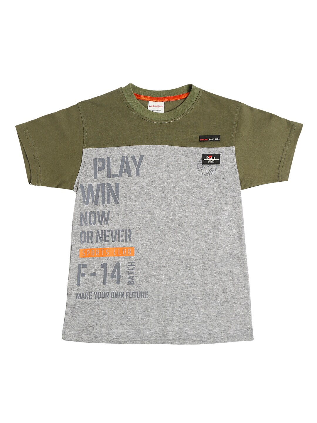

RAINE AND JAINE Boys Olive Green & Grey Typography Pure Cotton Printed T-shirt