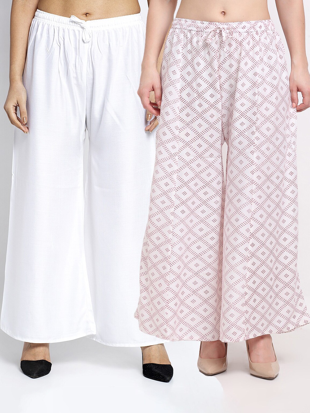 

GRACIT Women Pack Of 2 White & Off White Printed Flared Knitted Ethnic Palazzos