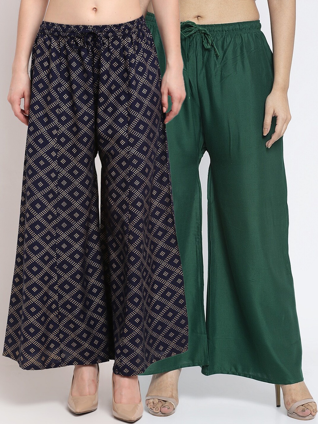 

GRACIT Women Pack of 2 Green & Navy Blue Printed Flared Knitted Ethnic Palazzos