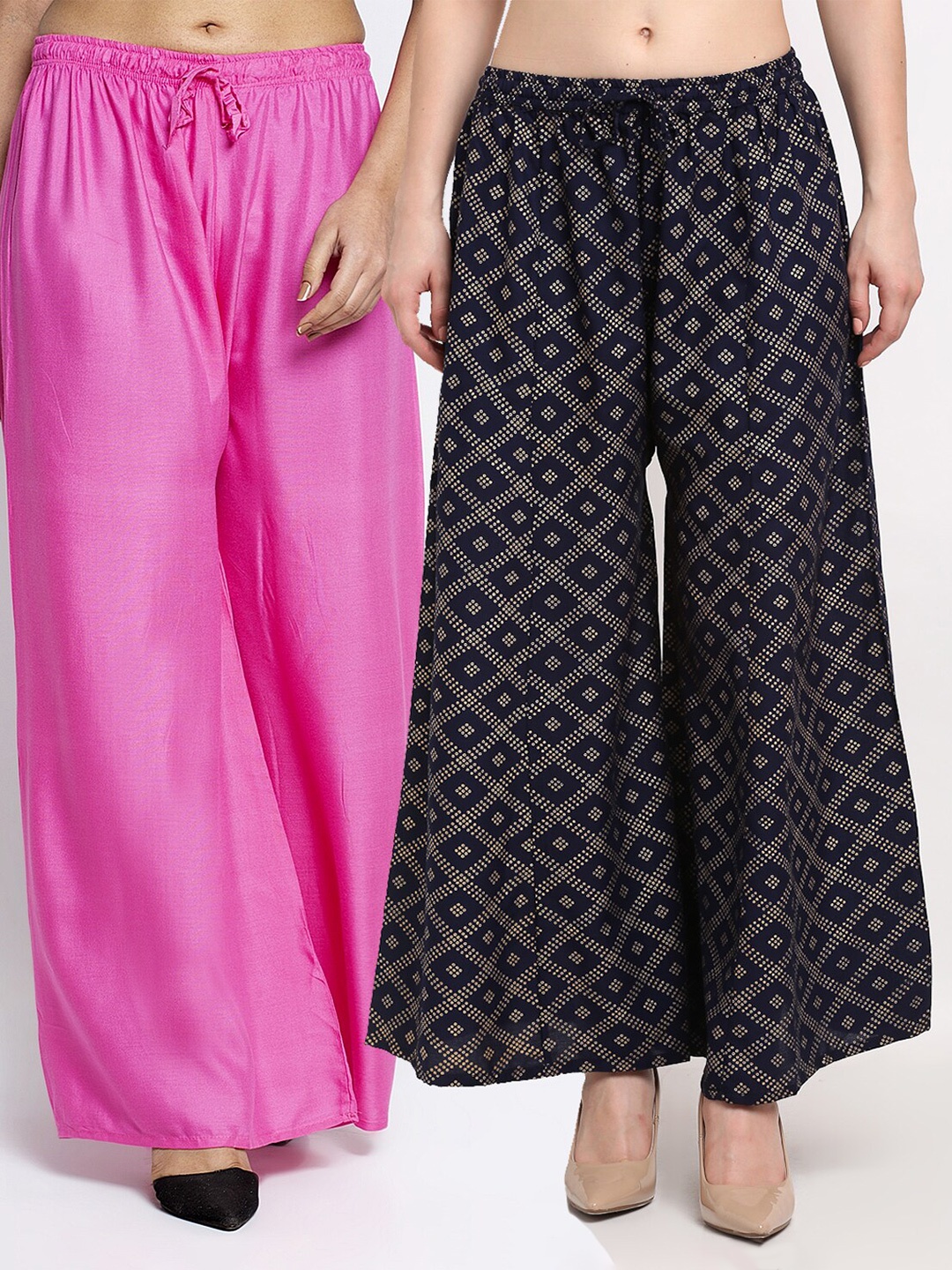 

GRACIT Women Set Of 2 Pink & Navy Blue Flared Ethnic Palazzos