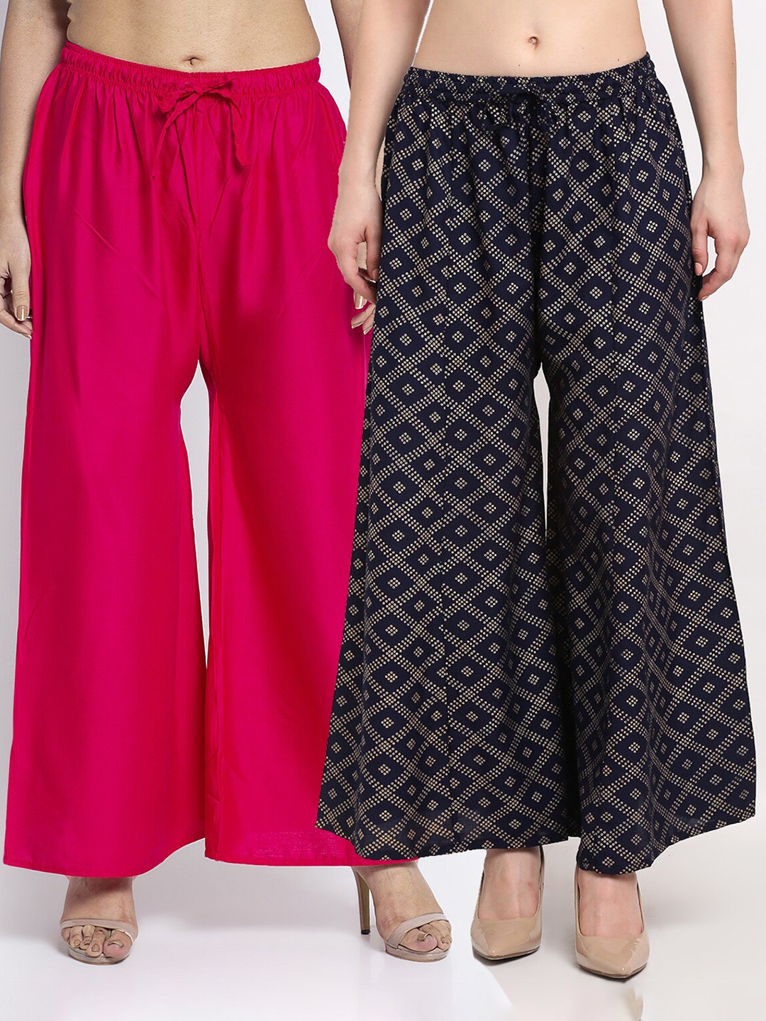 

GRACIT Women Pack Of 2 Pink & Navy Blue Printed Flared Palazzos