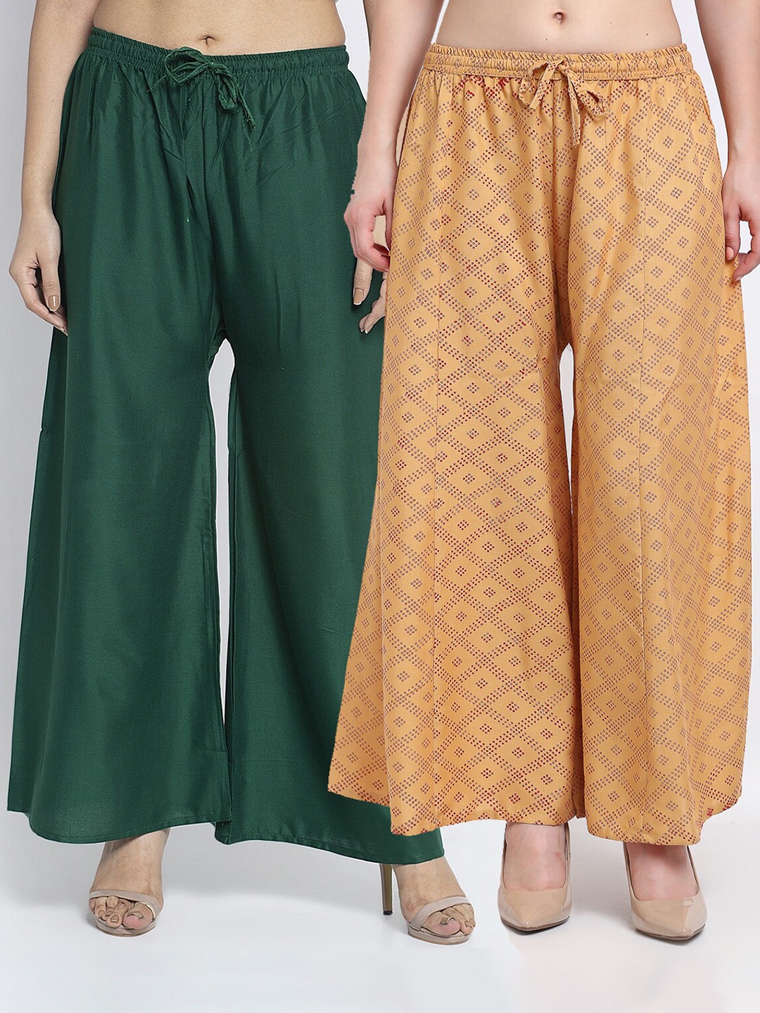 

GRACIT Women Pack of 2 Printed Flared Knitted Ethnic Palazzos, Green