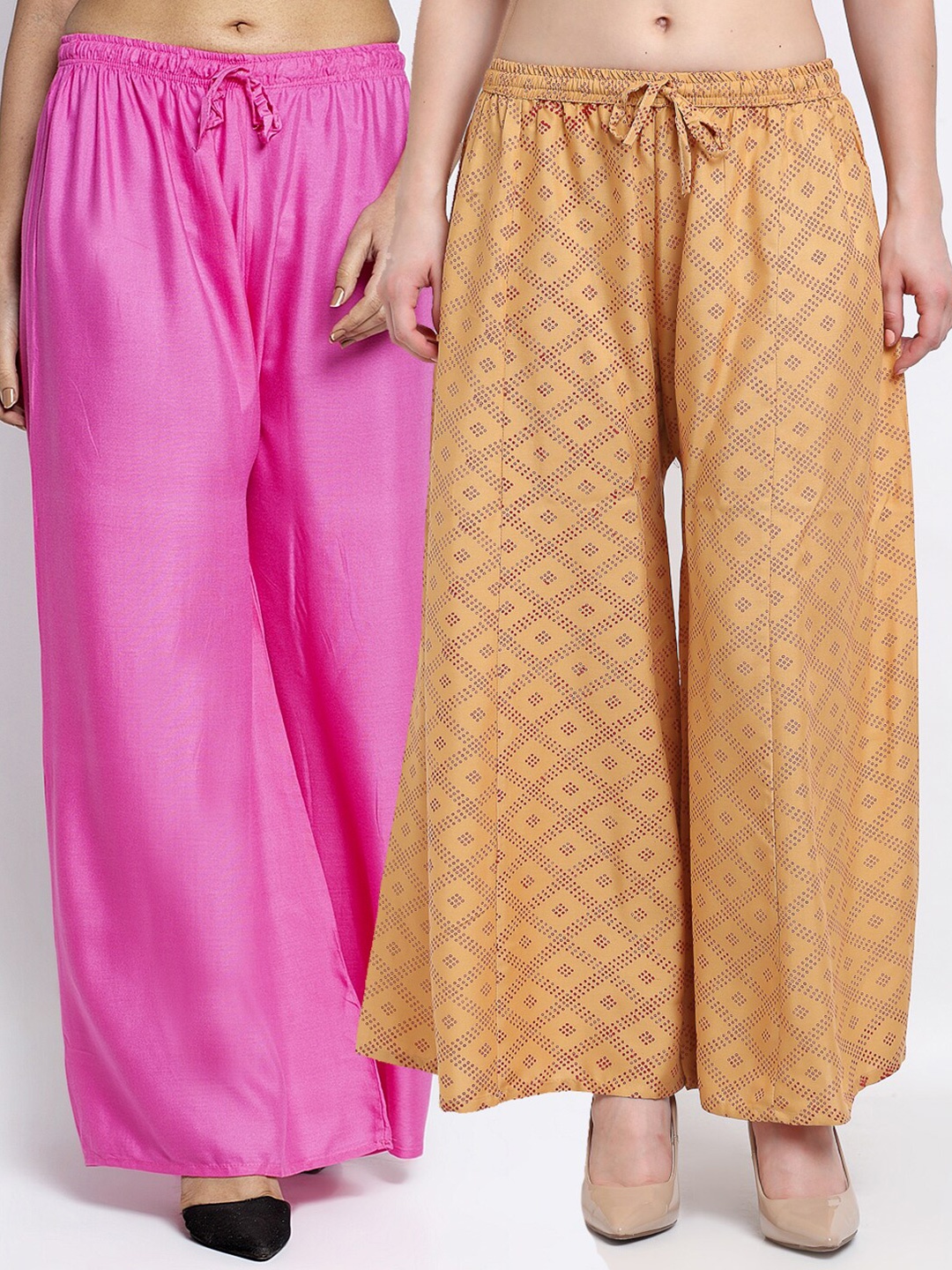 

GRACIT Women Set Of 2 Pink & Beige Flared Ethnic Palazzos