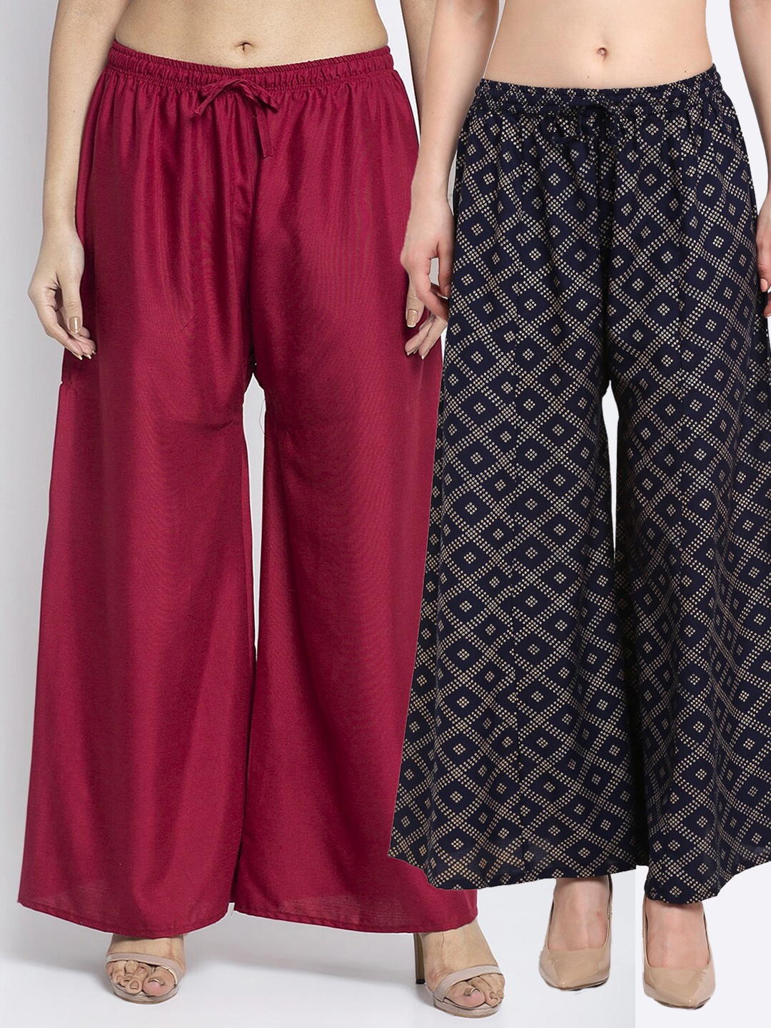 

GRACIT Women Set Of 2 Maroon & Navy Blue Printed Flared Fit Palazzos