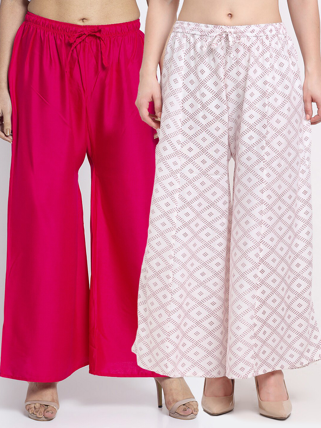 

GRACIT Women Pack of 2 Pink & White Printed Flared Knitted Ethnic Palazzos