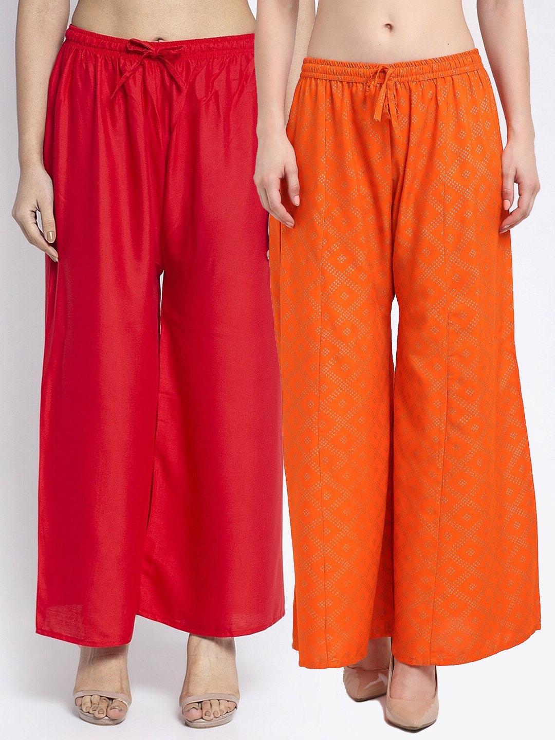 

GRACIT Women Pack Of 2 Red & Orange Ethnic Motifs Printed Flared Ethnic Palazzos