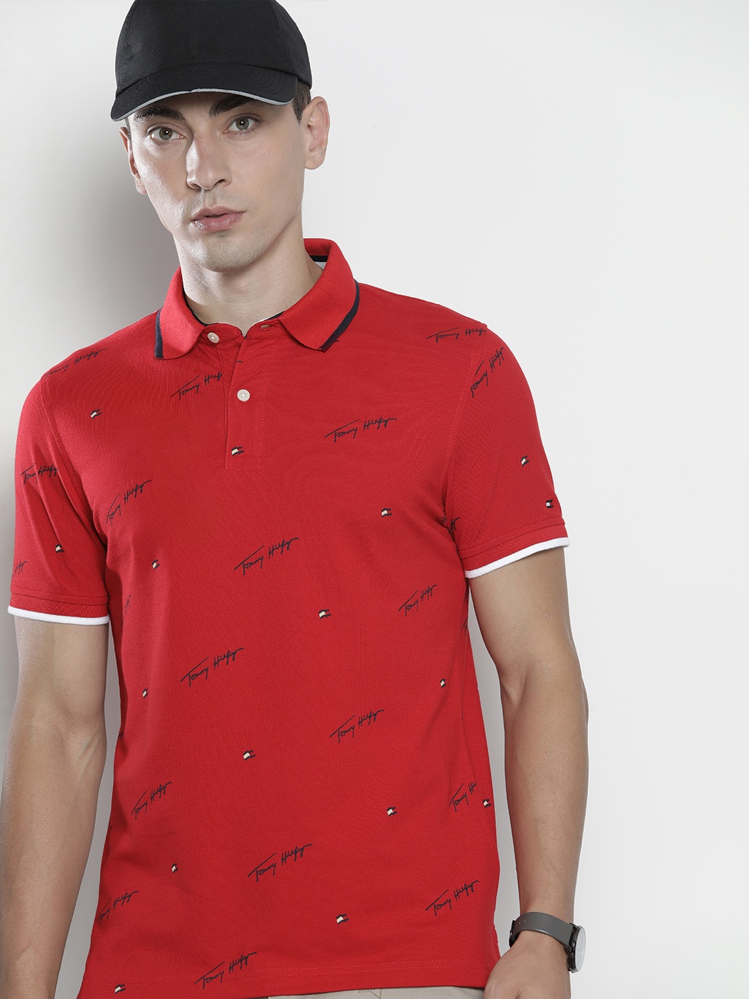 

Tommy Hilfiger Men Red & Black Typography Printed Polo Collar Slim Fit T-shirt