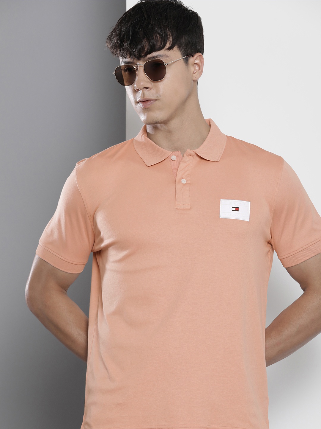 

Tommy Hilfiger Men Peach-Coloured Polo Collar Pure Cotton T-shirt
