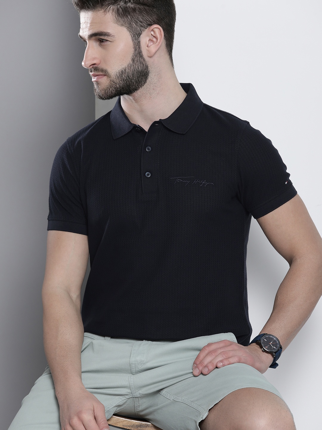 

Tommy Hilfiger Men Navy Blue Polo Collar Slim Fit T-shirt