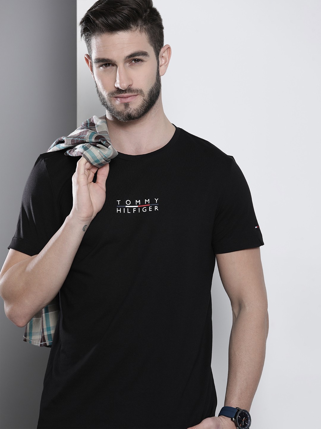 

Tommy Hilfiger Men Black Brand Logo Printed Organic Cotton T-shirt