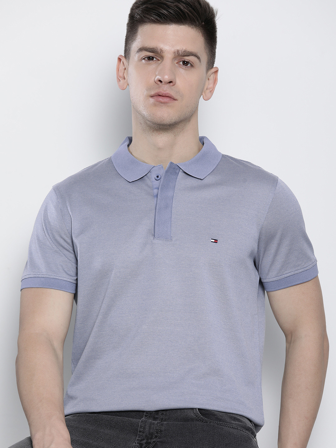 

Tommy Hilfiger Men Blue Textured Polo Collar Pure Cotton Slim Fit T-shirt