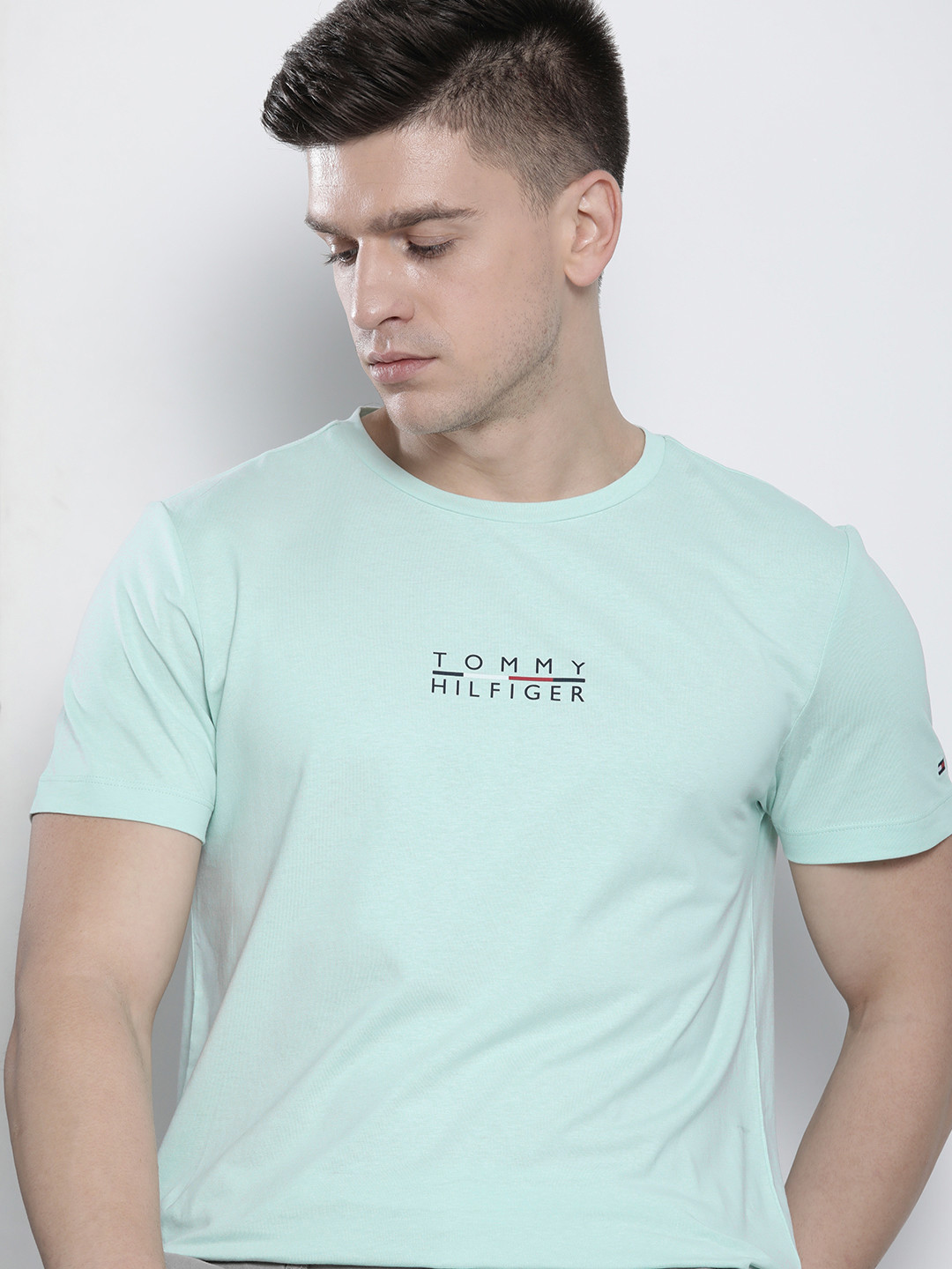 

Tommy Hilfiger Men Mint Green Brand Logo Printed Pure Cotton T-shirt
