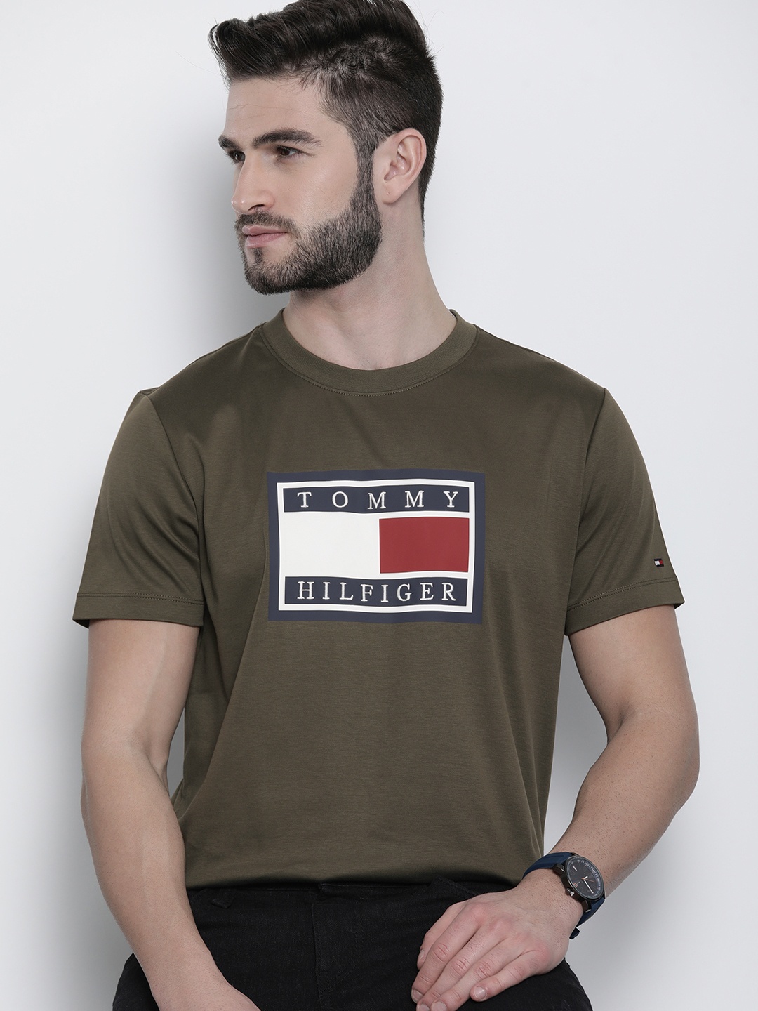 

Tommy Hilfiger Men Olive Green Brand Logo Printed T-shirt