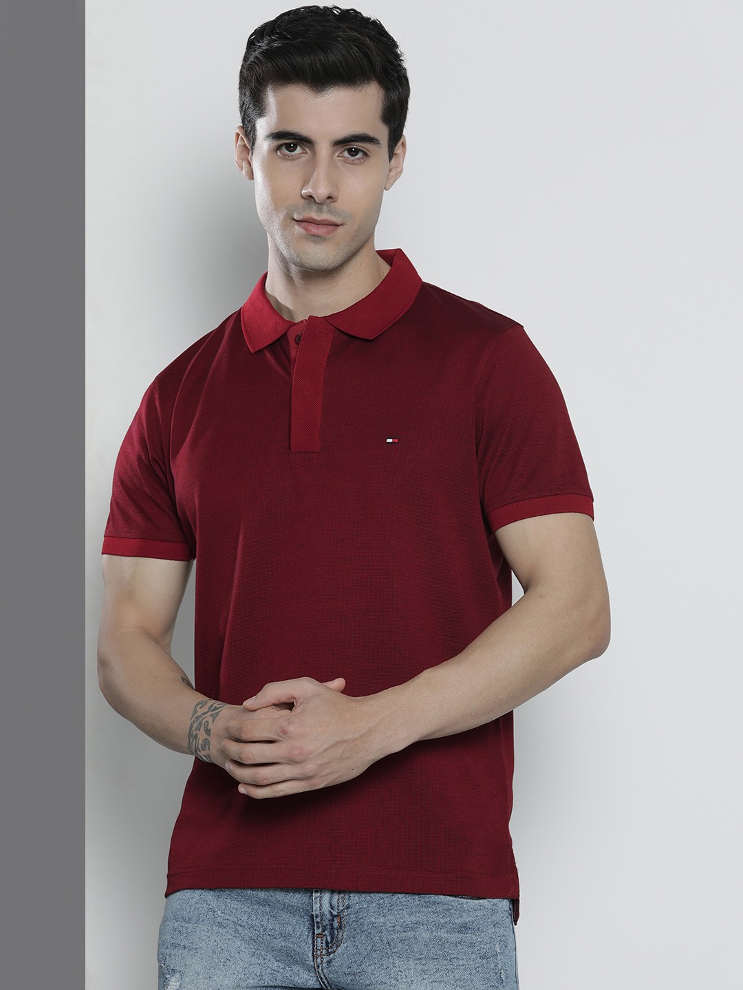 

Tommy Hilfiger Men Red Polo Collar Pure Cotton Slim Fit T-shirt