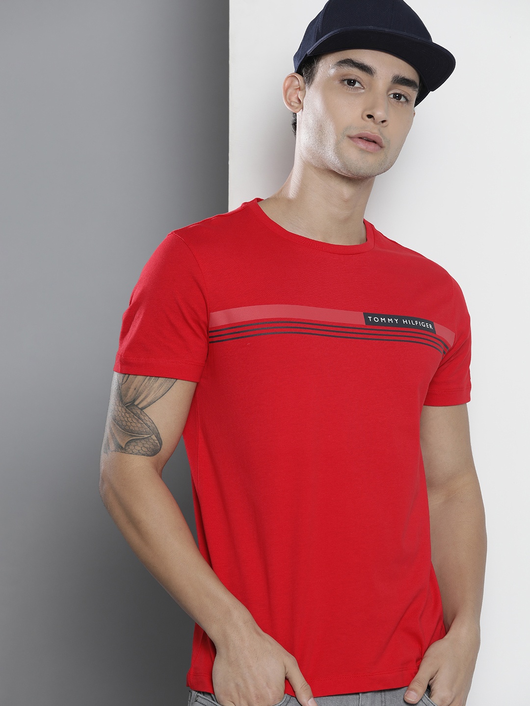 

Tommy Hilfiger Men Red & Black Brand Logo Printed Pure Cotton T-shirt