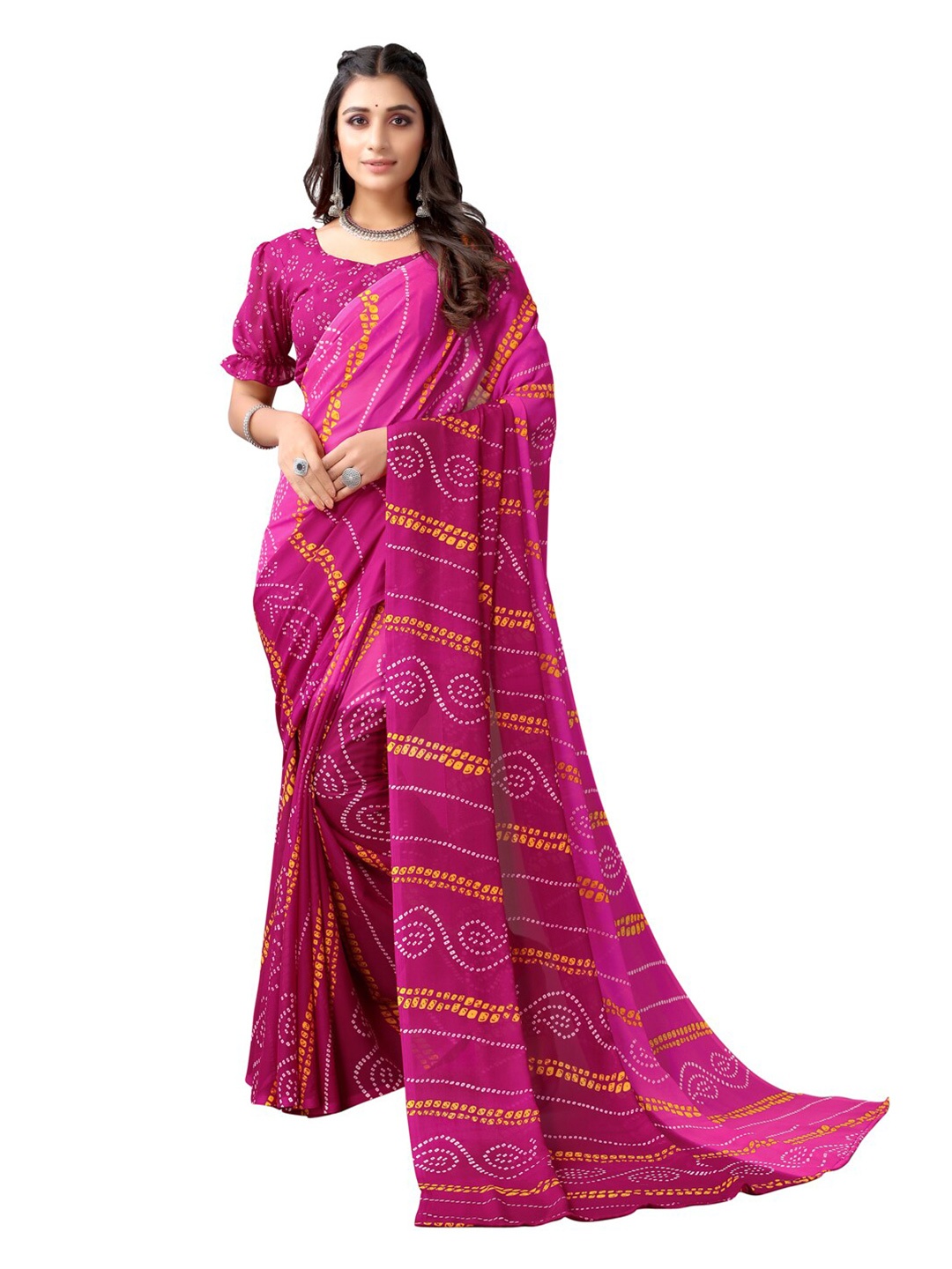 

SIRIL Magenta & White Bandhani Print Poly Georgette Saree