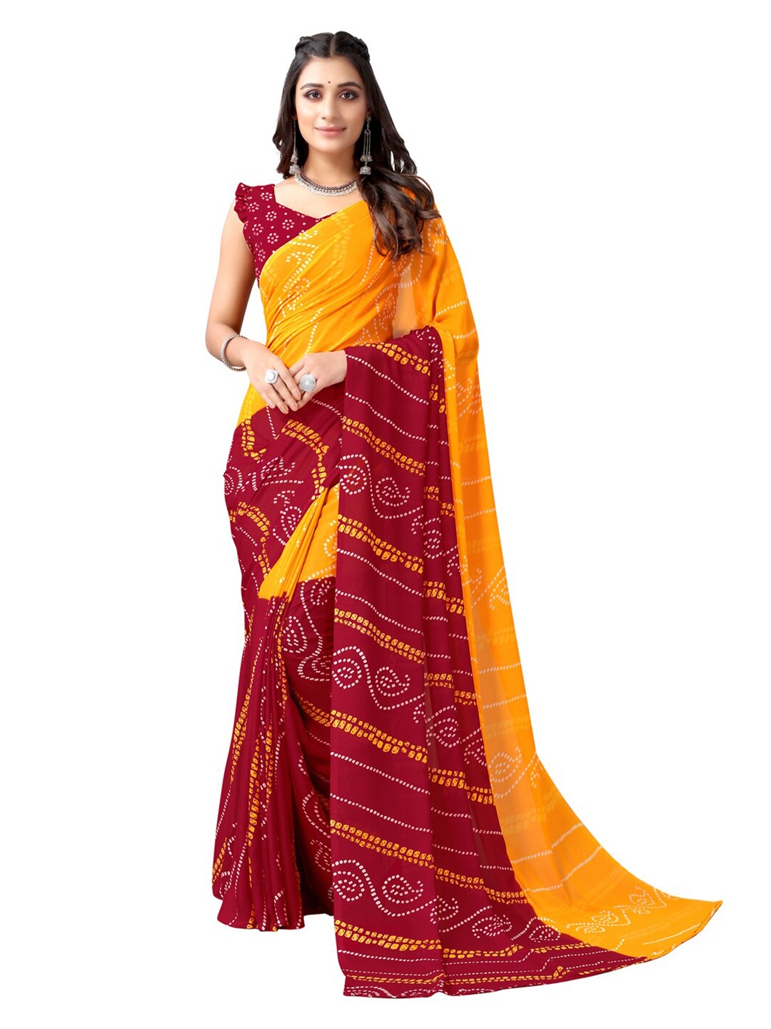 

SIRIL Yellow & Maroon Printed Bandhani Saree