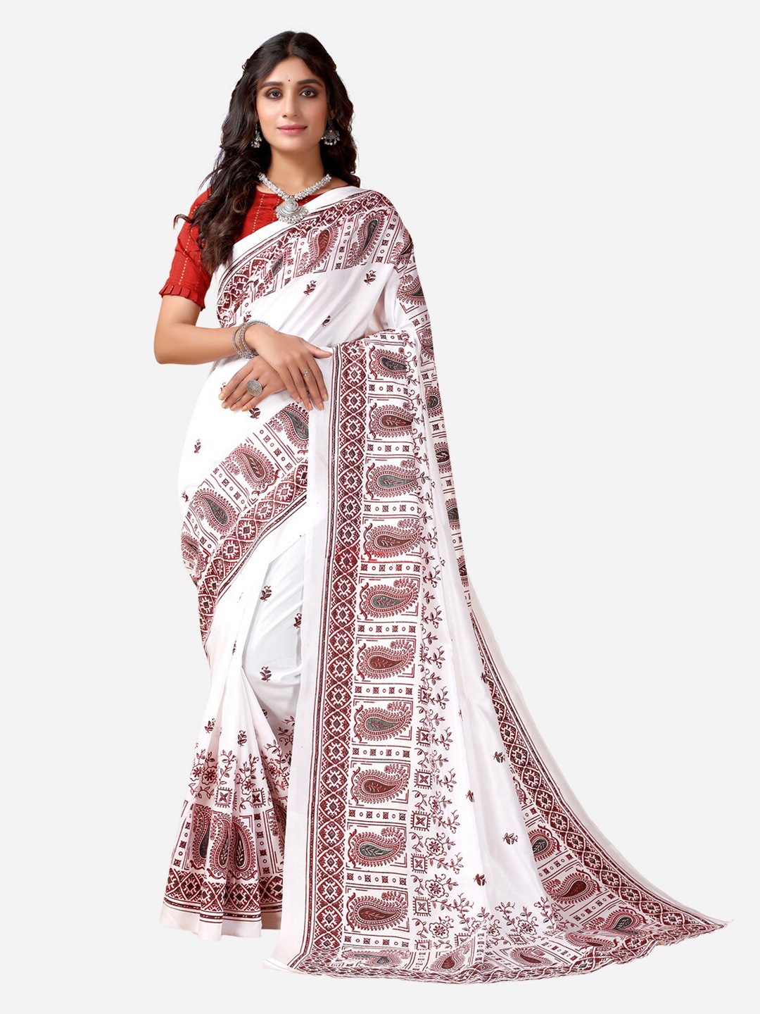 

SIRIL White & Maroon Ethnic Motifs Saree