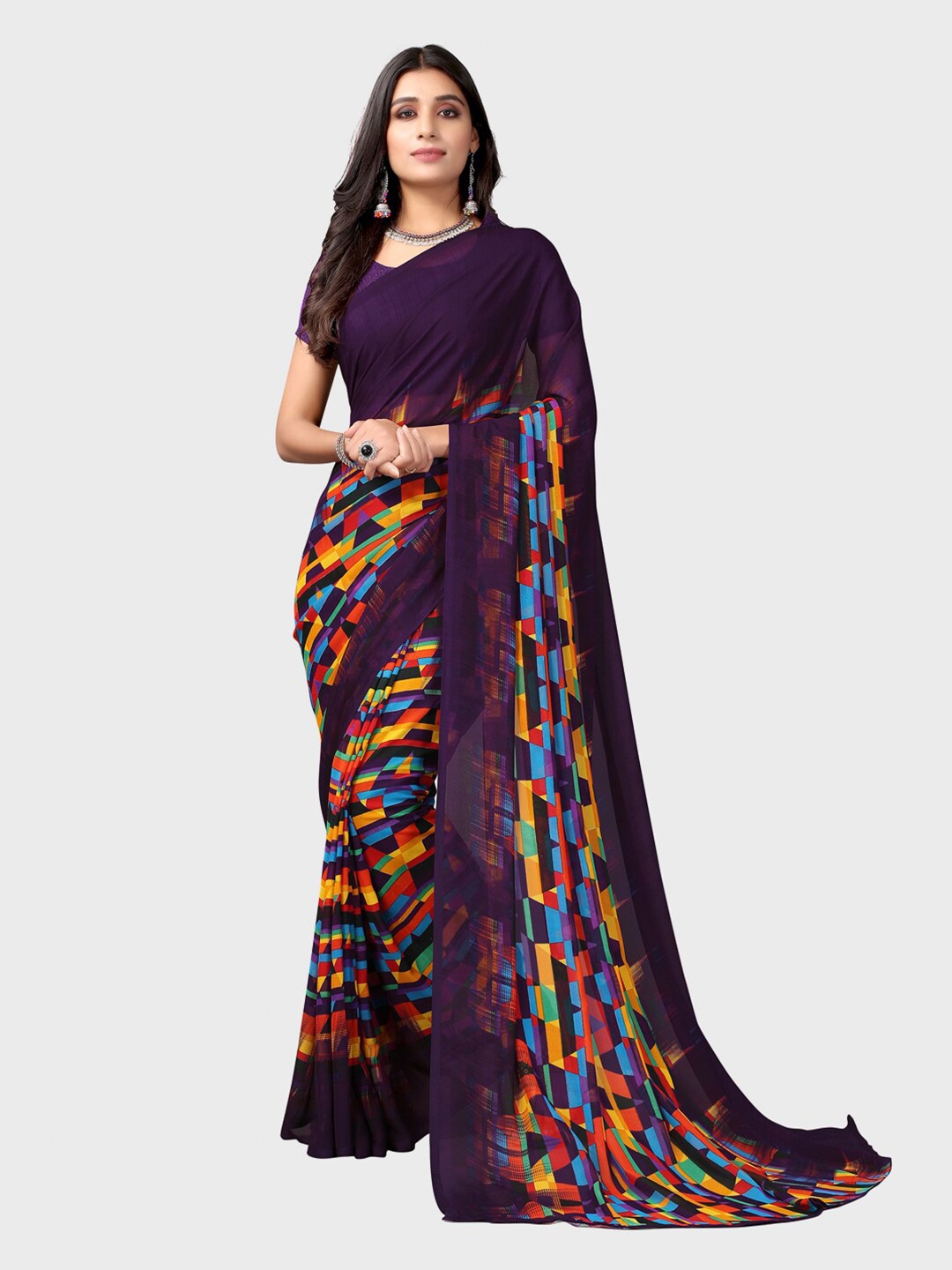 

SIRIL Purple & Blue Abstract Printed Saree