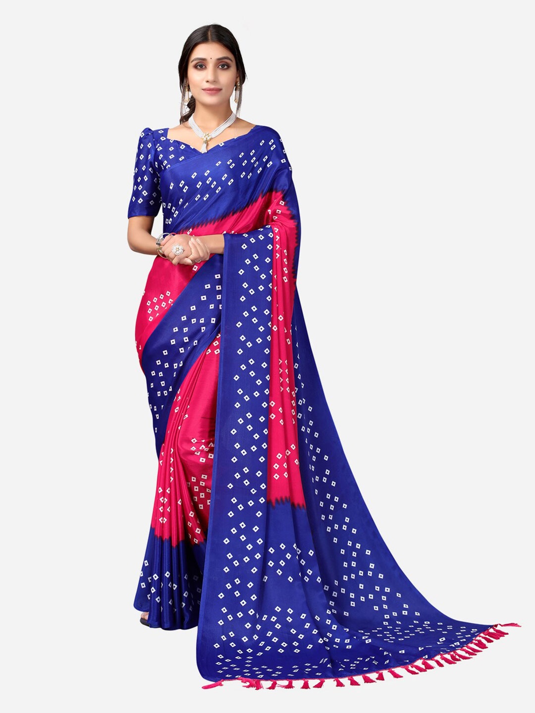 

SIRIL Blue & Magenta Printed Silk Blend Bandhani Saree