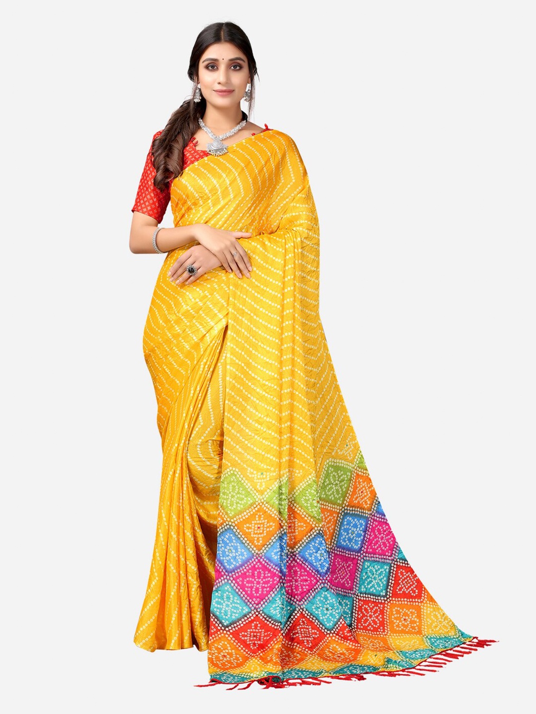 

SIRIL Yellow & Blue Printed Silk Blend Bandhani Saree